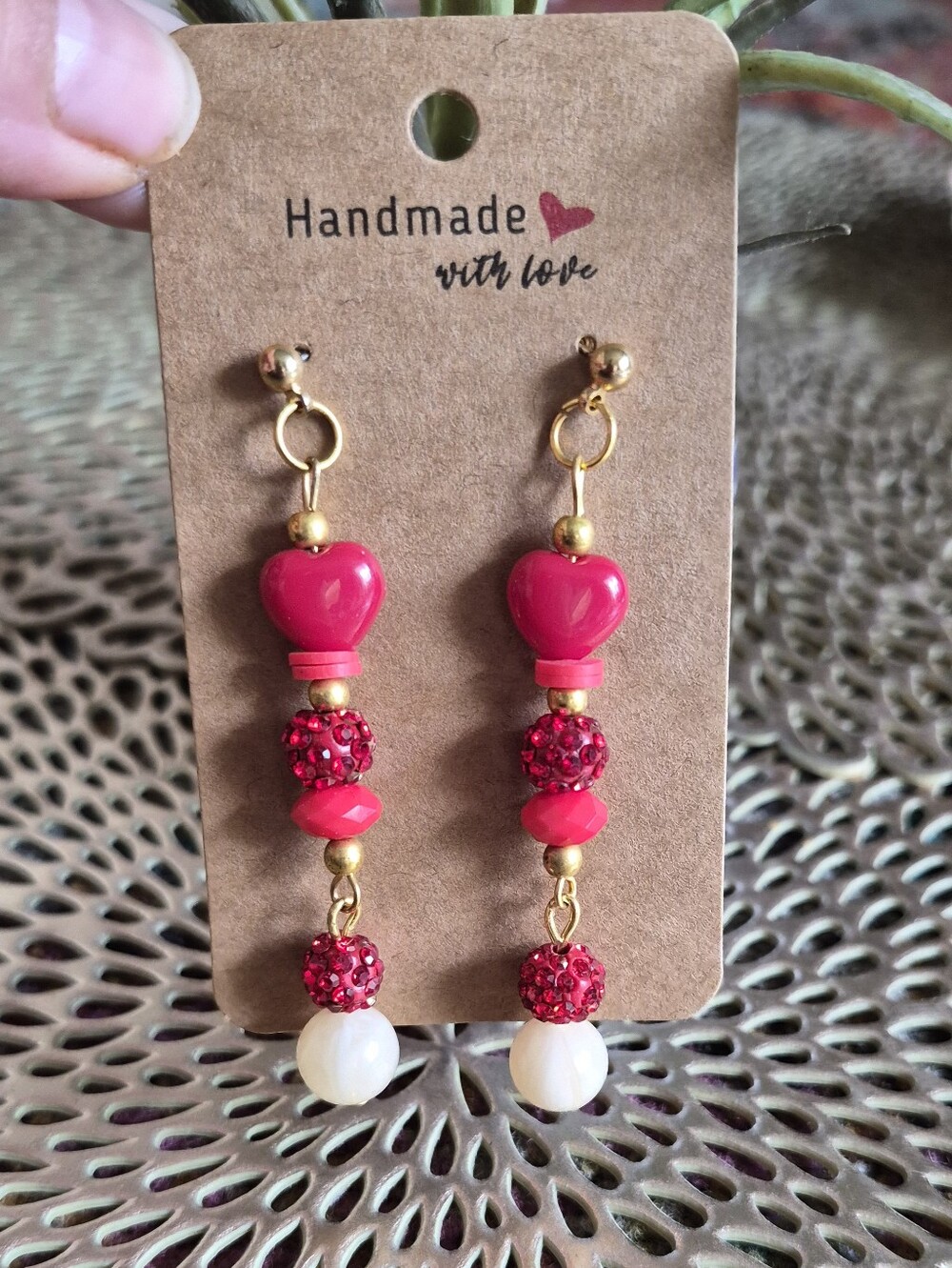 Handmade Gold-Tone Pink Heart Dangle Earrings
